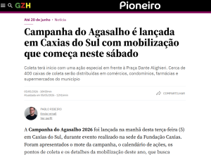 Notícia sobre a campanha do agasalho da Fundação Caxias no Jornal Pioneiro